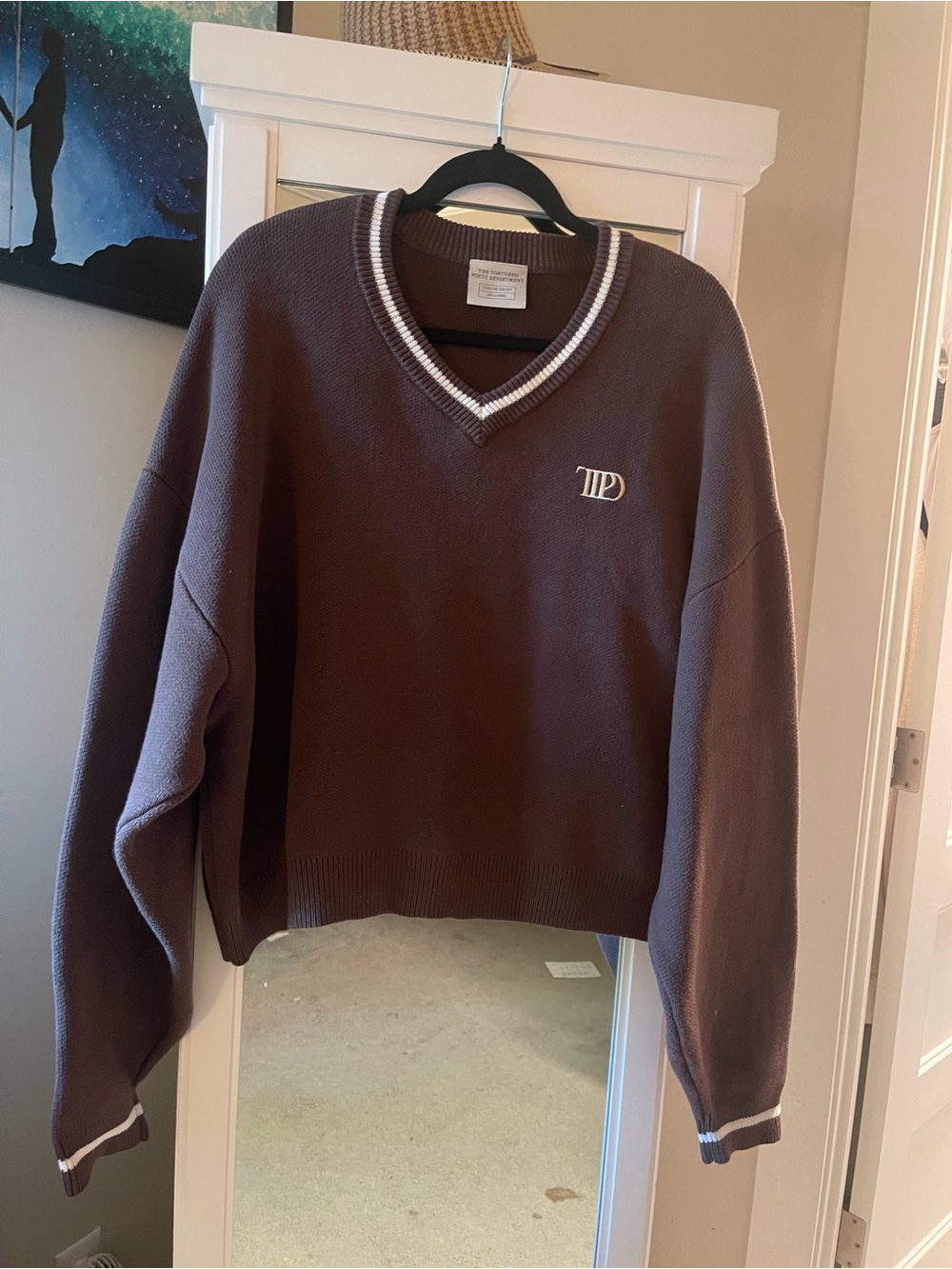 Taylor Swift TTPD V-Neck Brown Cropped Sweater with Stripe Trim
